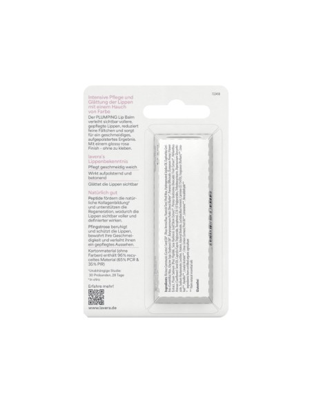 Parte trasera del bálsamo labial efecto volumen péptidos y peonía lavera con información del producto e ingredientes