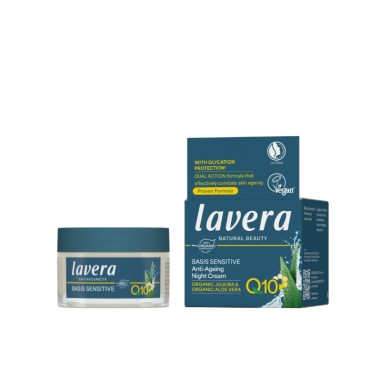 Crema De Noche Antiarrugas Q10 Basis Sensitiv lavera, reduce los signos del envejecimiento.