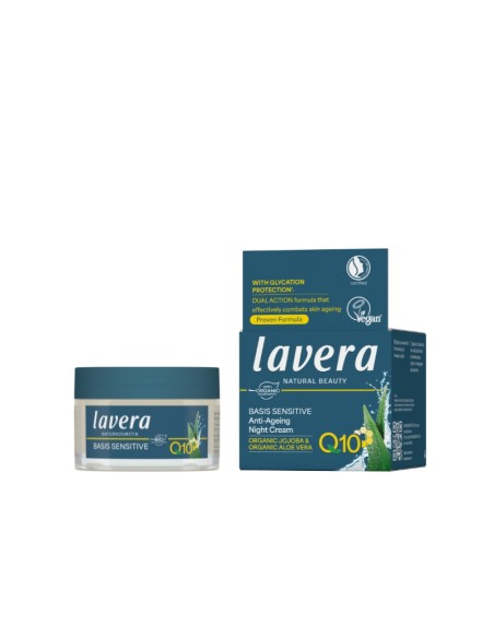 Crema De Noche Antiarrugas Q10 Basis Sensitiv lavera, reduce los signos del envejecimiento.