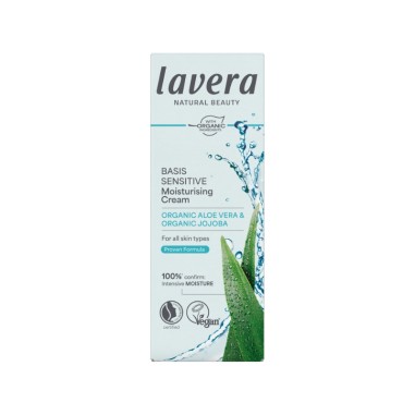 Crema día hidratante Basis Sensitive lavera con aloe vera Bio y jojoba Bio caja frontal