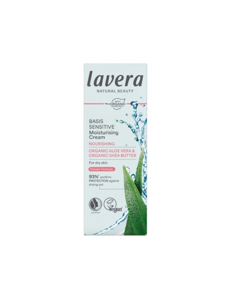 Crema día nutritiva Basis Sensitive piel seca lavera con aloe vera Bio y manteca de karité Bio caja frontal