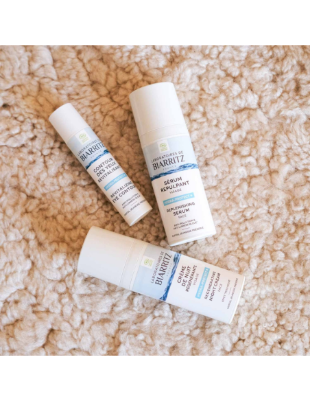 Bodegón de productos de la linia Hydra Protect+ Laboratoires de Biarritz