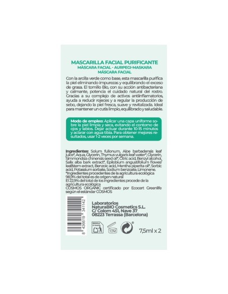 Inci de la Mascarilla facial Purificante Arcilla