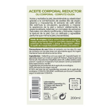 Dorso del Aceite corporal Reductor Argán & café verde Bio NaturaBIO Cosmetics