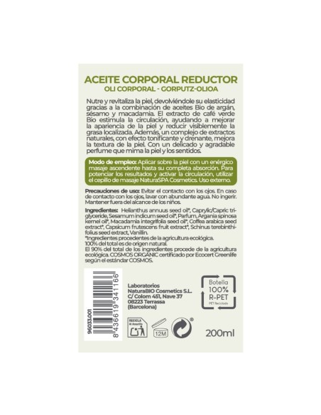 Dorso del Aceite corporal Reductor Argán & café verde Bio NaturaBIO Cosmetics