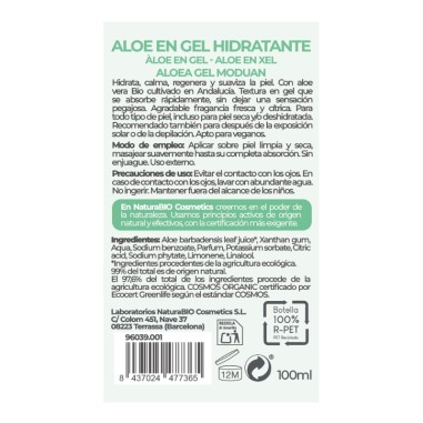 Aloe en gel 100 ml NaturaBIO Cosmetics, hidratación natural