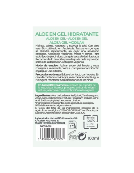 Aloe en gel 100 ml NaturaBIO Cosmetics, hidratación natural
