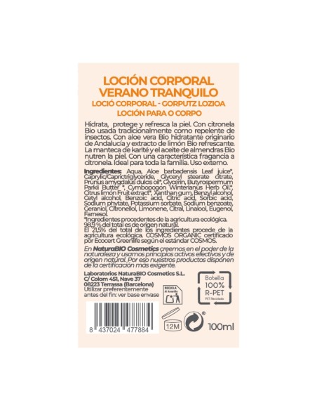 Loción corporal verano tranquilo aloe & citronela Bio NaturaBIO Cosmetics