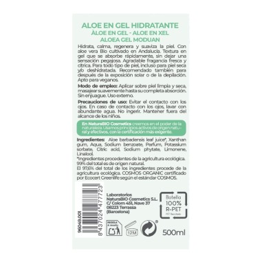Ingredientes de Aloe vera en gel hidratante NaturaBIO Cosmetics