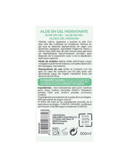 Ingredientes de Aloe vera en gel hidratante NaturaBIO Cosmetics