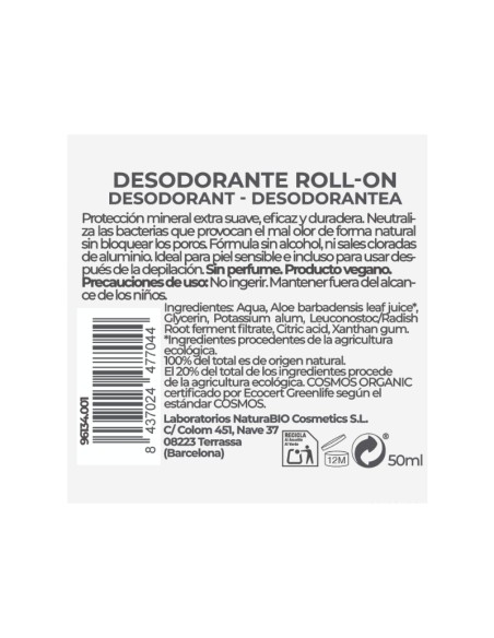 Desodorante natural roll-on mineral NaturaBIO Cosmetics