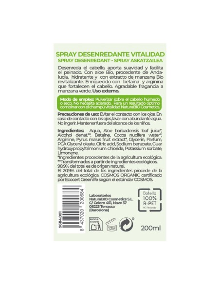 Esprai desenredant Vitalitat aloe poma NaturaBIO Cosmetics