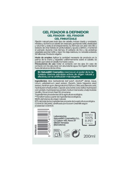 Gel fijador & definidor de NaturaBIO Cosmetics. Moldea y define, evita el encrespamiento.