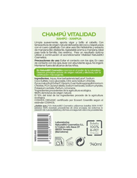 Champú natural Vitalidad aloe y manzana NaturaBIO Cosmetics