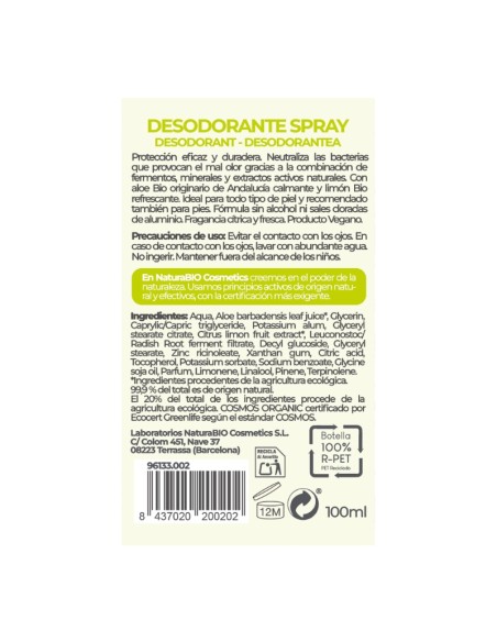 Desodorante natural spray frescor natural NaturaBIO Cosmetics