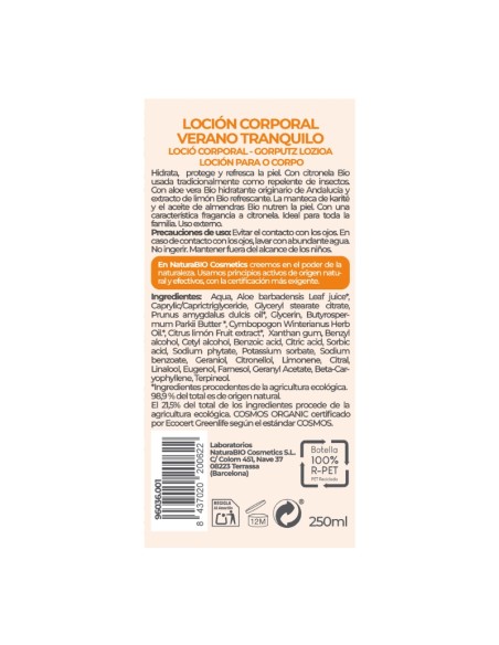 Loción corporal Verano Tranquilo con citronela NaturaBIO Cosmetics