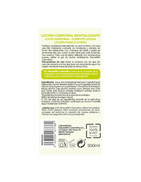 Ingredientes Loción hidratante revitalizante 500 ml NaturaBIO Cosmetics