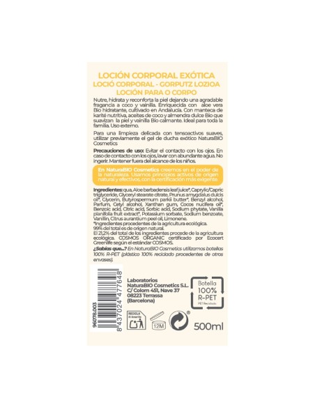Loció corporal exòtica vainilla & coco Bio 500ml NaturaBIO Cosmetics