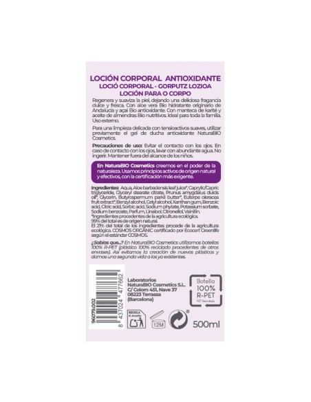 Loció corporal antioxidant àloe açai Bio 500ml NaturaBIO Cosmetics