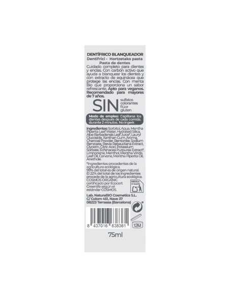 Pasta de dents blanquejadora menta Bio i carbó actiu NaturaBIO Cosmetics