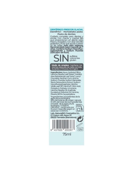 Pasta de dents amb fluor menta i mentol Frescor Glacial NaturaBIO Cosmetics