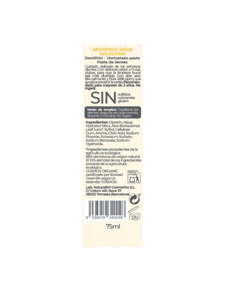 Pasta de dientes niños con flúor macedonia 75ml NaturaBIO Cosmetics
