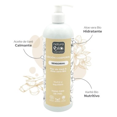 Infografía Loción corporal Sensorial flor tiaré & aloe vera Bio NaturaBIO Cosmetics