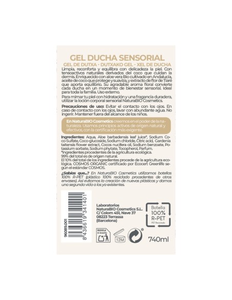 Gel ducha sensorial flor tiare & aloe vera Bio NaturaBIO Cosmetics