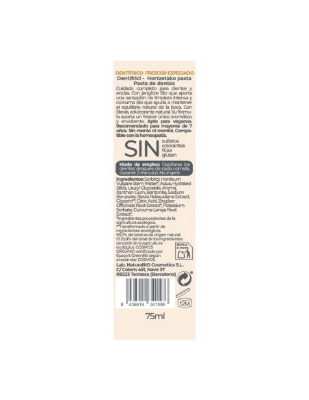 Pasta de dents Frescor especiat cúrcuma gingebre NaturaBIO Cosmetics
