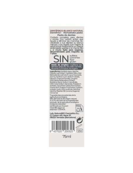 Pasta de dents blanc natural Regalèssia & carbó actiu NaturaBIO Cosmetics