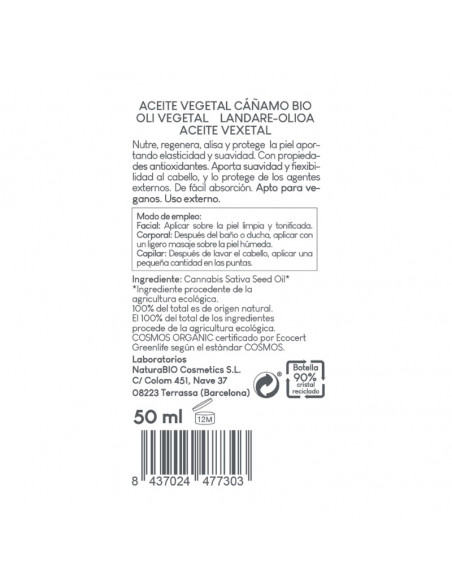 Aceite vegetal cáñamo Bio NaturaBIO Cosmetics
