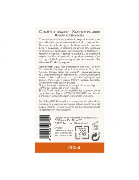Champú natural Reparador aguacate y ginkgo Bio NaturaBIO Cosmetics