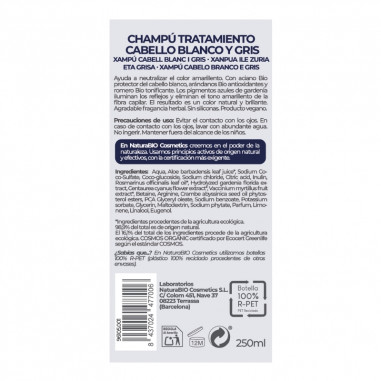 Dorso del Champú natural cabello Blanco y Gris NaturaBIO Cosmetics