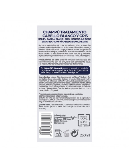 Dorso del Champú natural cabello Blanco y Gris NaturaBIO Cosmetics