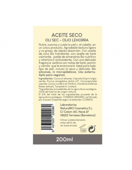 Aceite Seco Radiante 200 ml NaturaBIO Cosmetics