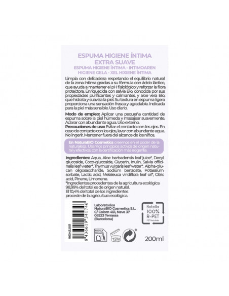 Espuma higiene íntima extra suave Salvia & tomillo BIO NaturaBIO Cosmetics