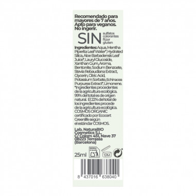 Ingredientes, pasta de dientes sin fluor con menta Bio de 25ml de NaturaBIO Cosmetics. Certificación Ecocert COSMOS ORGANIC