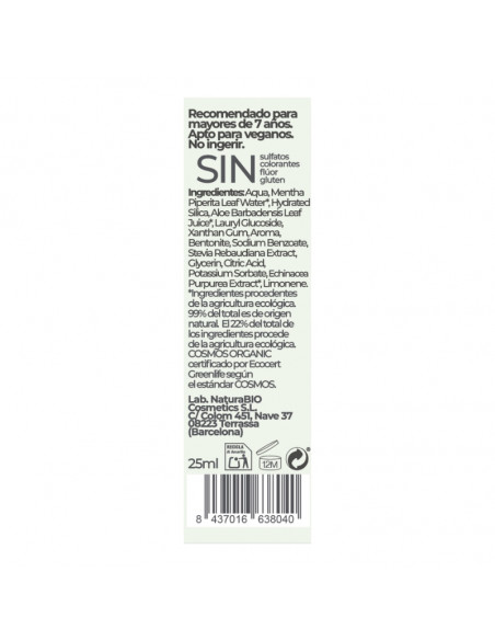 Ingredientes, pasta de dientes sin fluor con menta Bio de 25ml de NaturaBIO Cosmetics. Certificación Ecocert COSMOS ORGANIC