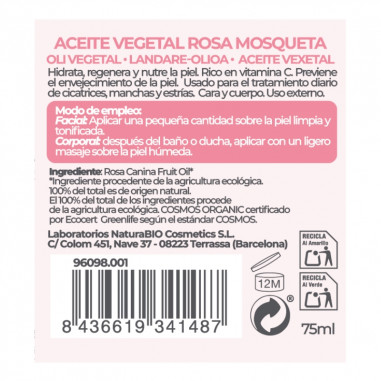 Dorso del envase de Aceite vegetal rosa mosqueta Bio NaturaBIO Cosmetics