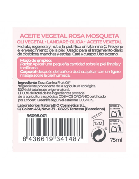 Dorso del envase de Aceite vegetal rosa mosqueta Bio NaturaBIO Cosmetics