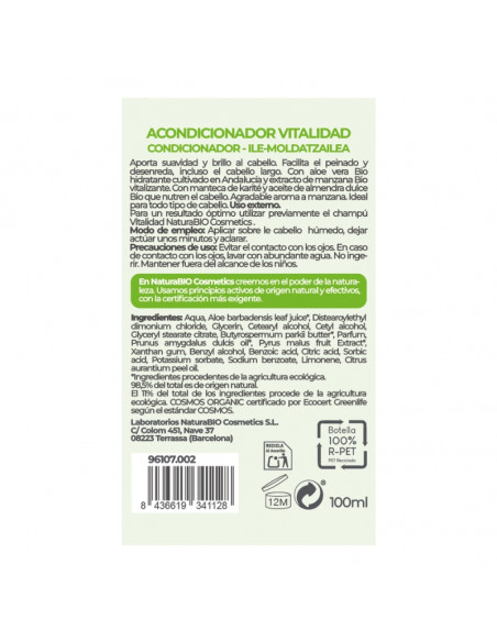 Acondicionador Vitalidad aloe manzana Bio 100ml NaturaBIO Cosmetics
