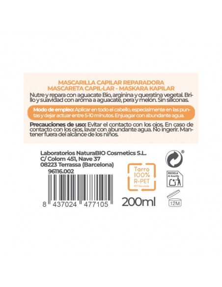 Tratamiento capilar Mascarilla Reparadora aguacate y ginkgo Bio NaturaBIO Cosmetics