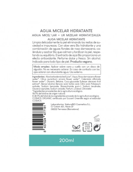 Agua micelar hidratante caléndula & açaiI BIO NaturaBIO Cosmetics