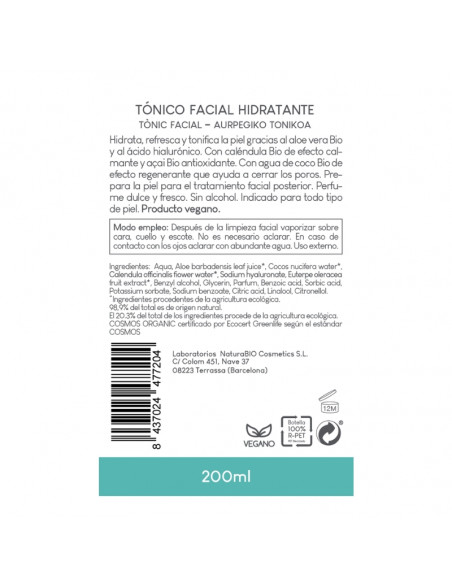 Tónico facial hidratante ácido hialurónico & caléndula Bio NaturaBIO Cosmetics