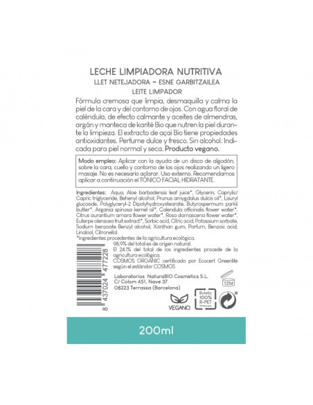 Leche limpiadora nutritiva argan y caléndula & argan Bio NaturaBIO Cosmetics