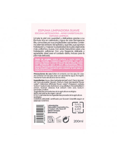 Dorso de Espuma limpiadora Suave rosa & caléndula NaturaBIO Cosmetics