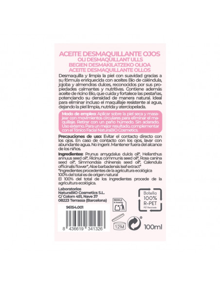 Dorso del Aceite desmaquillante ojos suave Ricino & caléndula Bio NaturaBIO Cosmetics