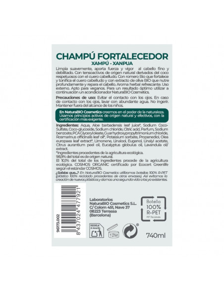 Champú fortalecedor oliva romero 740ml NaturaBIO Cosmetics