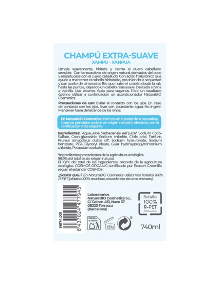 Champú extra suave ácido hialurónico & almendras Bio 740ml NaturaBIO Cosmetics