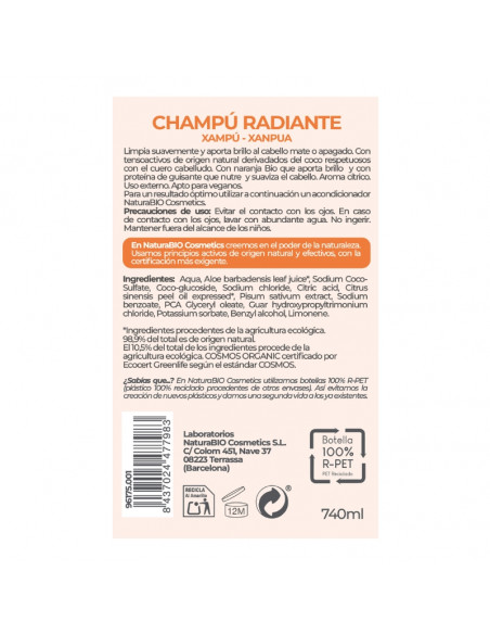 Champú radiante naranja Bio & proteina guisante 740ml NaturaBIO Cosmetics